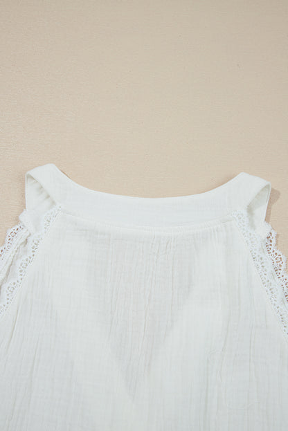 White Textured Lace Trim Pure Cotton Sleeveless Top