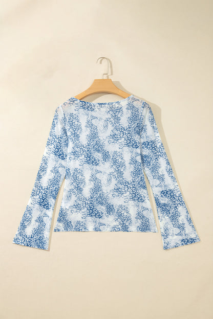 Sky Blue Long Sleeve Leopard Print Round Neck Sheath Top