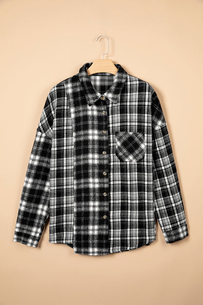 Black Plaid Long Sleeve V Neck Shift Plus Size Shirt Jacket