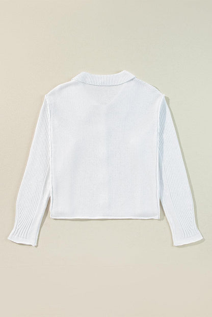 Sweaters & Cardigans/Cardigans White Collared Button-up Loose Fit Casual Sweater