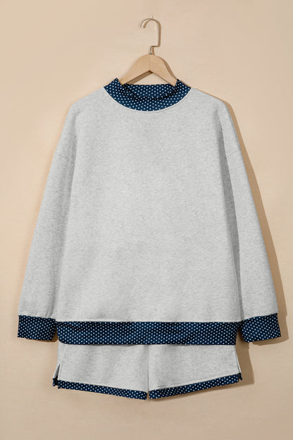 Light Grey Polka Dot Patchwork Mock Neck Pullover Casual Shorts Set