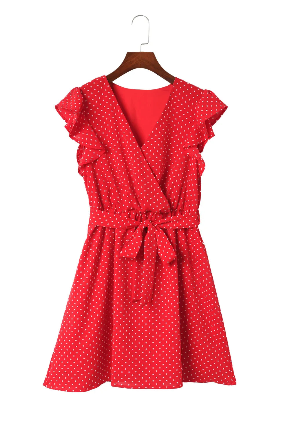 Fiery Red Polka Dot V Neck Ruffle Sleeve Dress - Chic Meadow Boutique 