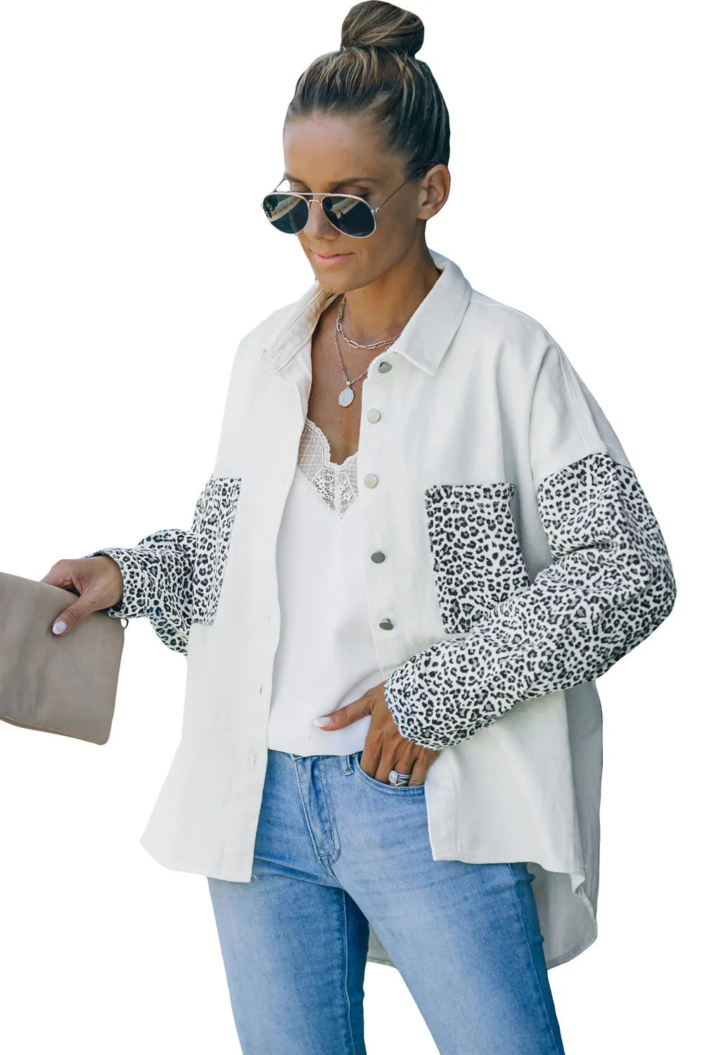 White Contrast Leopard Denim Jacket - Chic Meadow Boutique 