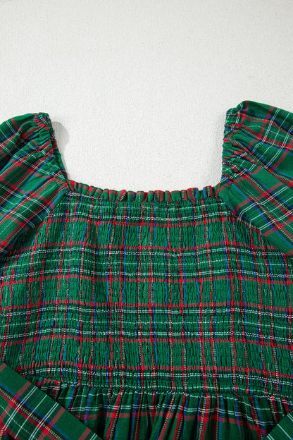 Green Tartan Plaid Square Neck Puff Sleeve Knot Waist Flared Midi Dress