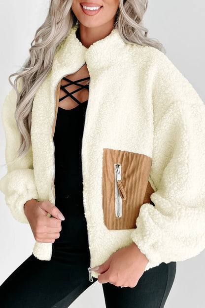 White Contrast Patched Pocket Zipped Sherpa Jacket - Chic Meadow Boutique 