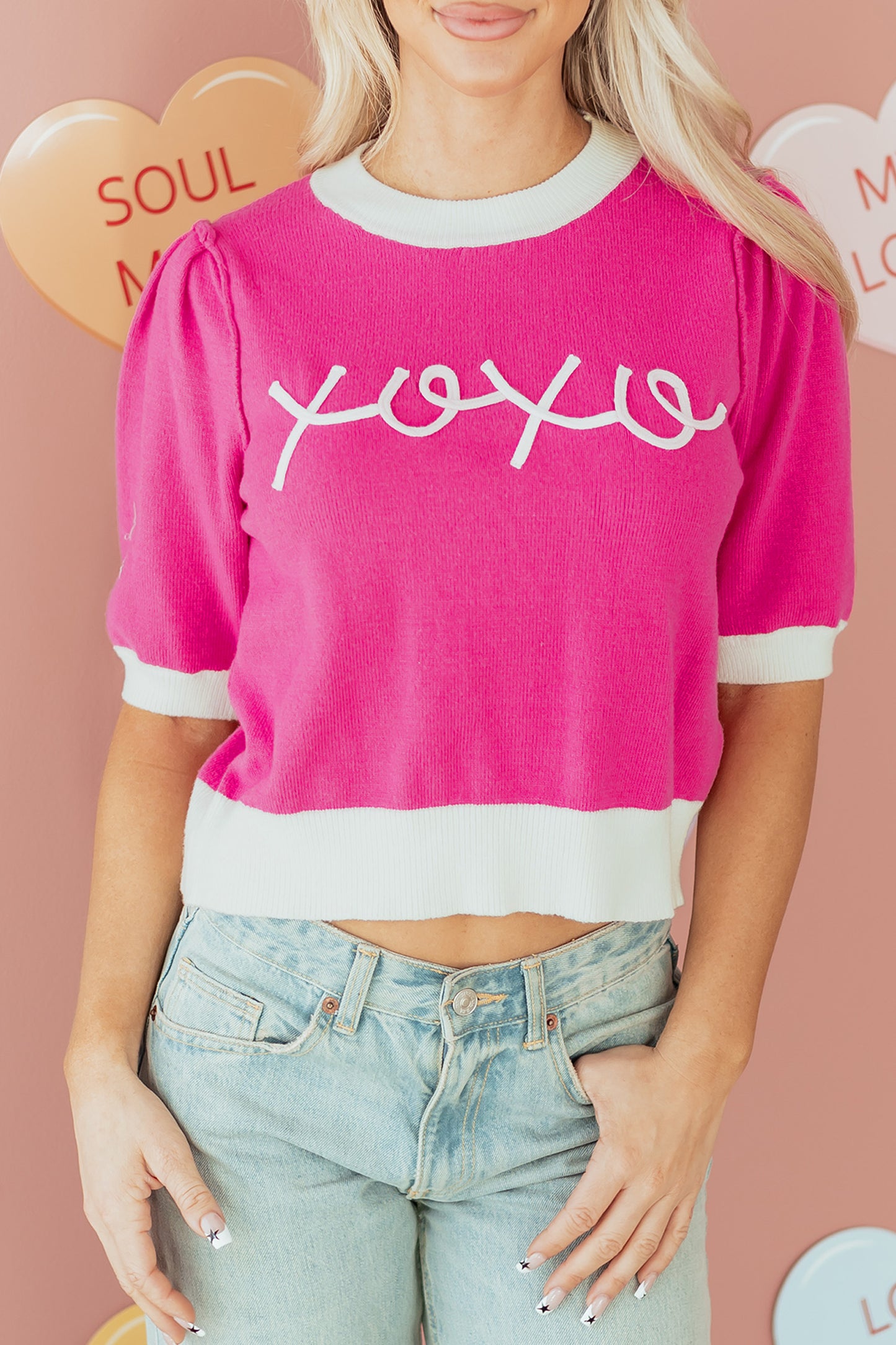 Bright Pink XOXO Embroidered Graphic Valentines Contrast Trim Crew Neck Short Puff Sleeve Sweater Tee