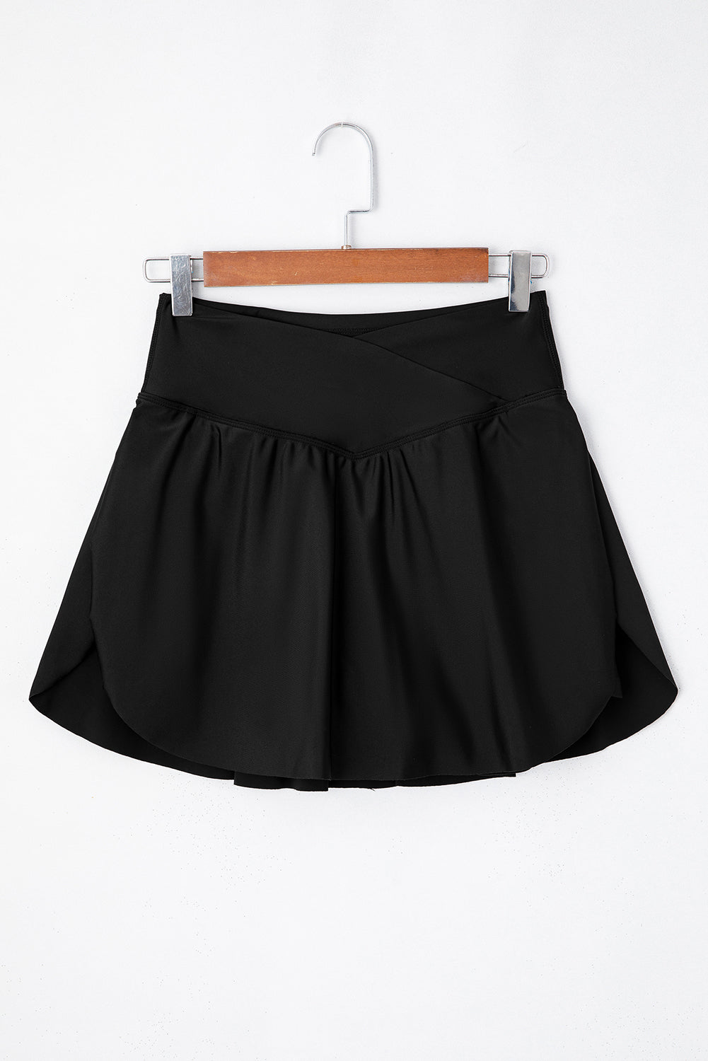 Black Solid Pocketed Crossover High Waist Swim Skort