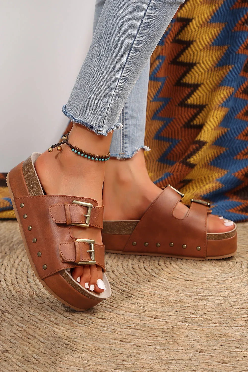 Chestnut Dual Buckle Studded Platform Sandal Slippers - Chic Meadow Boutique 