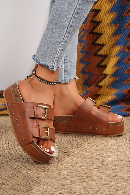 Chestnut Dual Buckle Studded Platform Sandal Slippers - Chic Meadow Boutique 