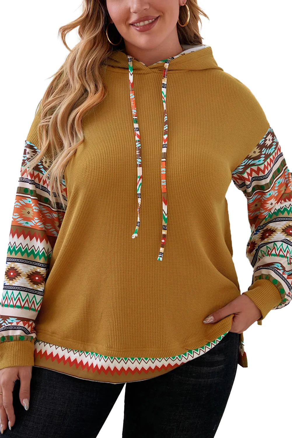 Camel Aztec Patchwork Sleeve Waffle Drawstring Plus Hoodie - Chic Meadow Boutique 