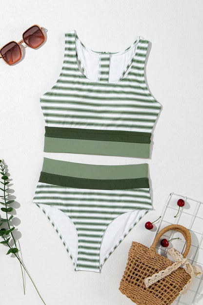 Swimwear/High Waisted Swimsuit White Stripe Zipped Cut out Racer Back High Waisted Bikini