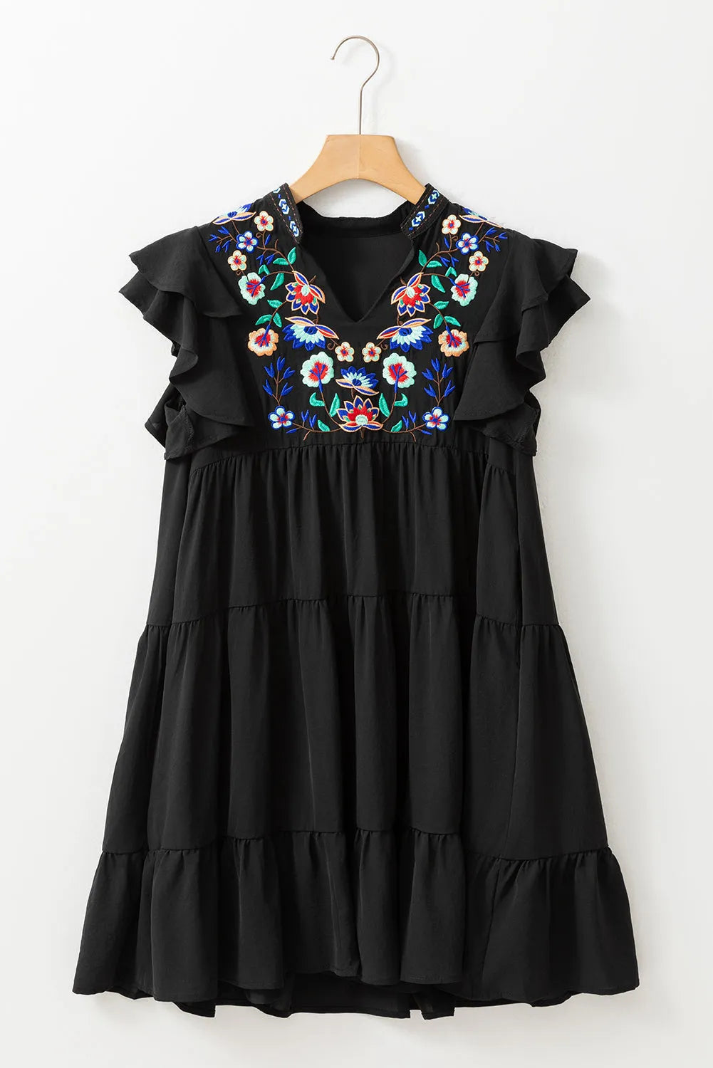 Black Floral Embroidered Tiered Ruffled Mini Dress - Chic Meadow Boutique 