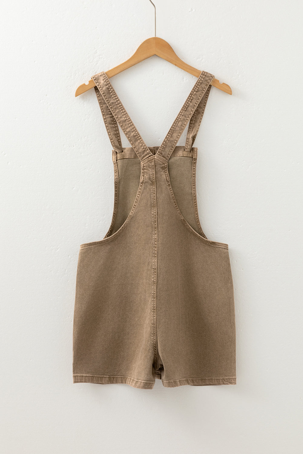 Light French Beige Solid Color Knot Straps Denim Romper with Pockets