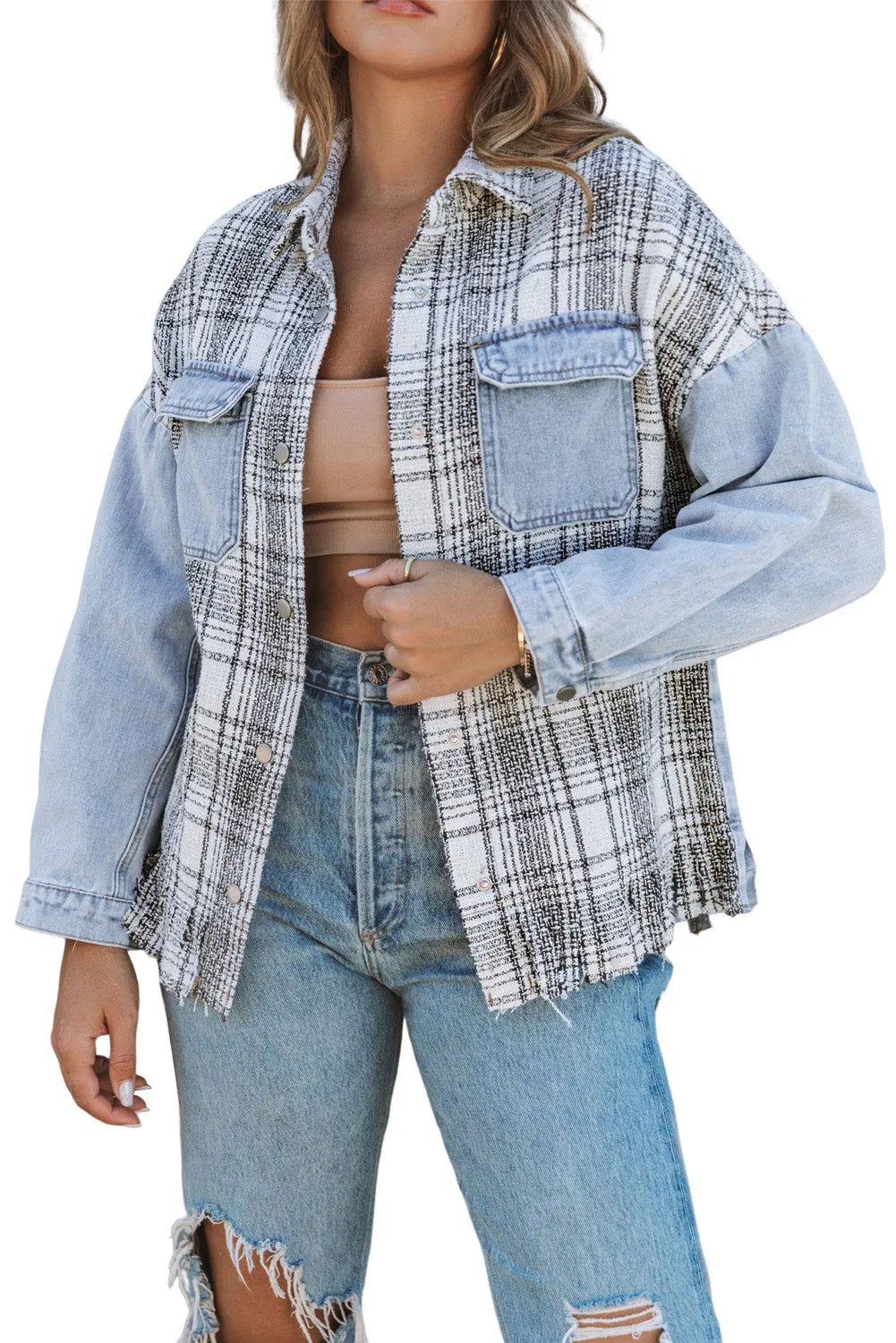 Sky Blue Plaid Patchwork Fringed Flap Pockets Denim Jacket - Chic Meadow Boutique 