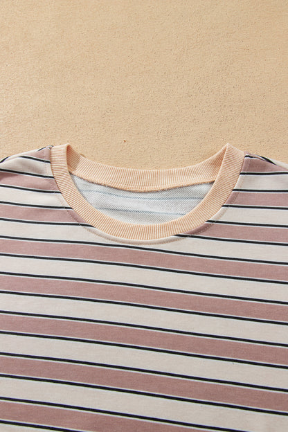 Khaki Stripe Contrast Trim Long Sleeve Top Elastic Waist Pants Set
