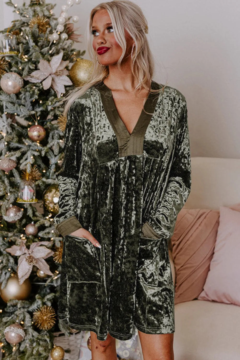 Jungle Green Velvet Long Sleeve V Neck Loose Dress with Pockets - Chic Meadow Boutique 