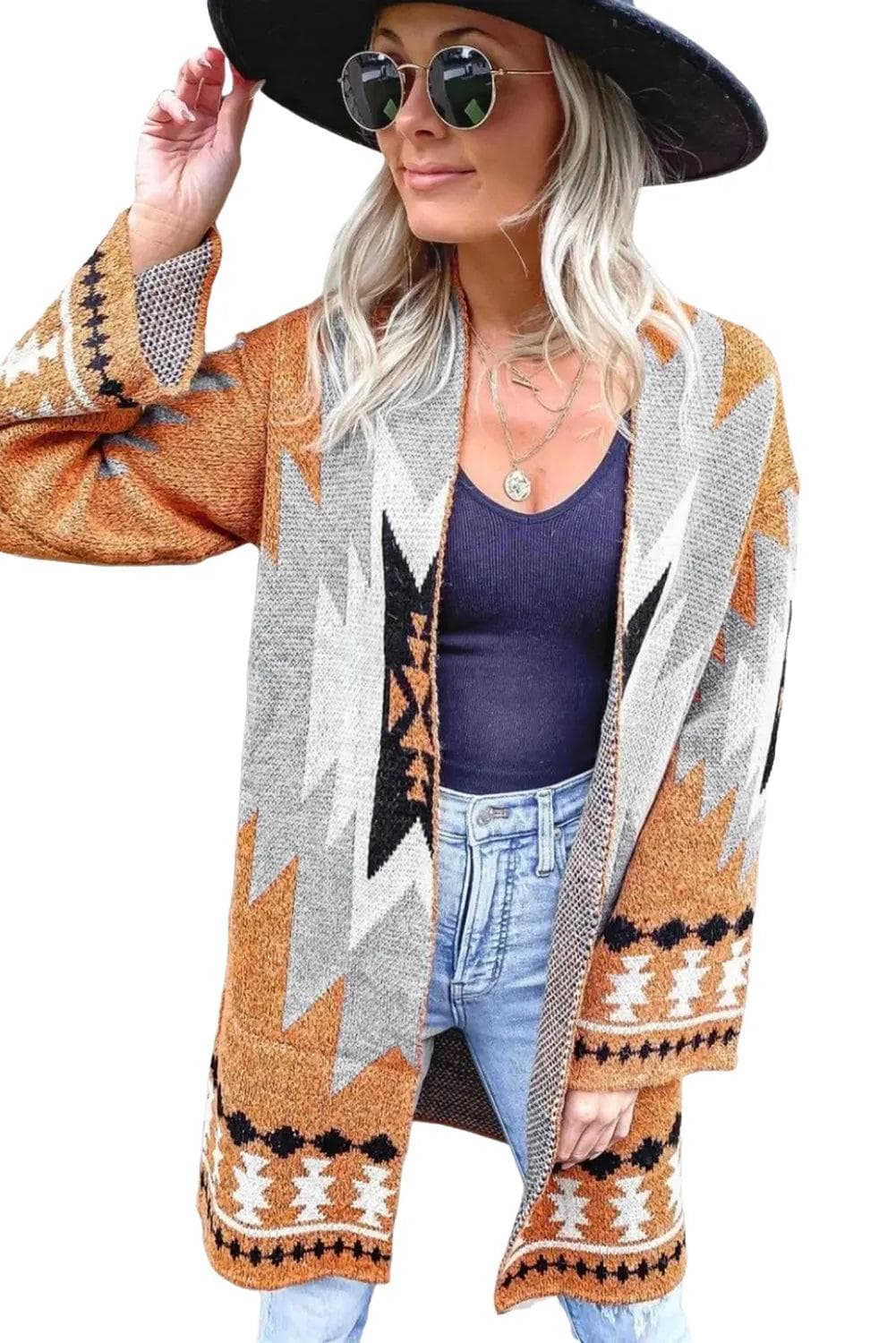 Tops/Sweaters & Cardigans Gold Flame Aztec Graphic Open-Front Cardigan