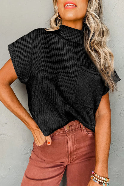 Black Patch Pocket Ribbed Knit Short Sleeve Sweater - Chic Meadow Boutique 