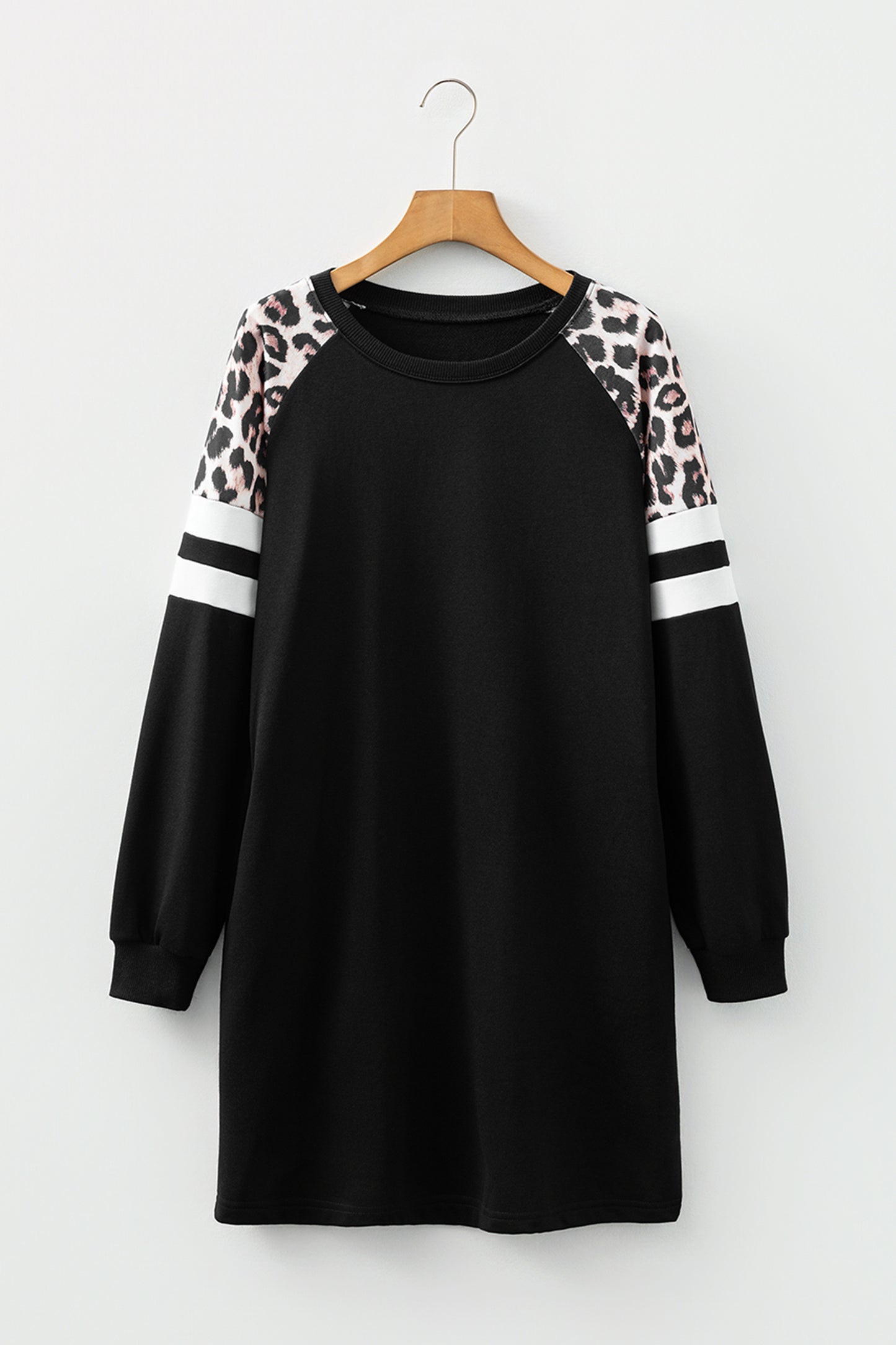 Black Leopard Print Patchwork Varsity Raglan Sleeve Sweatshirt Dress