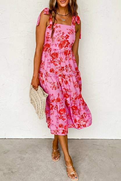 Pink Tie Shoulder Straps Tiered Floral Dress - Chic Meadow Boutique 