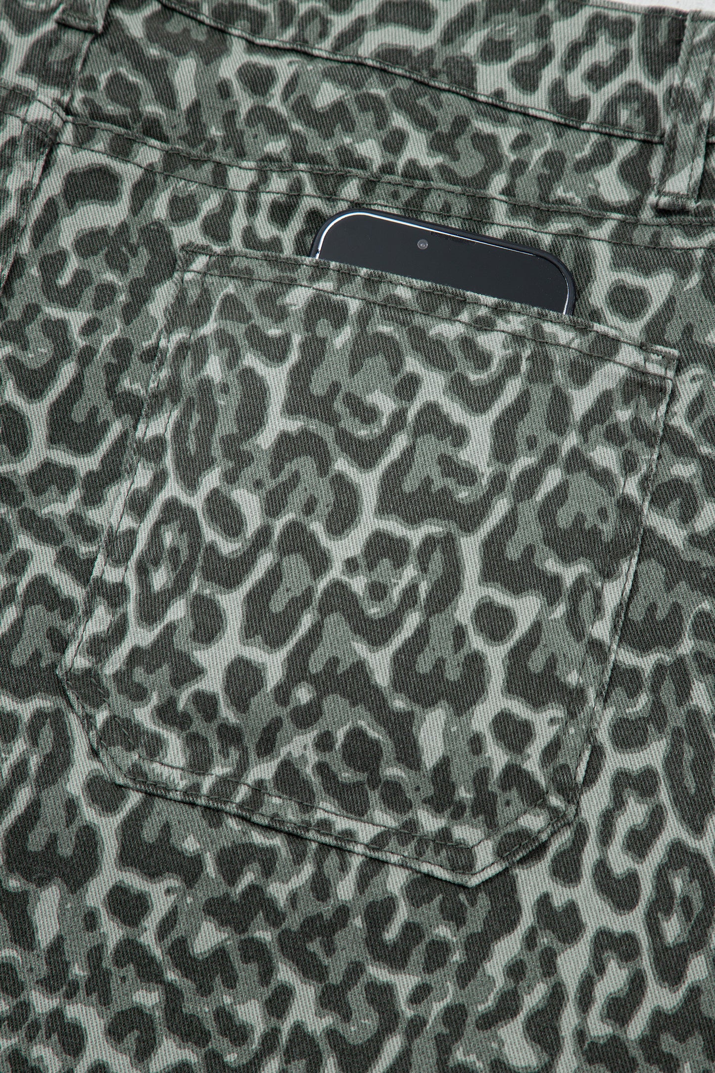 Gray Leopard Frayed Edge Wide Leg High Waist Jeans