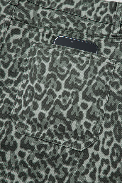 Gray Leopard Frayed Edge Wide Leg High Waist Jeans