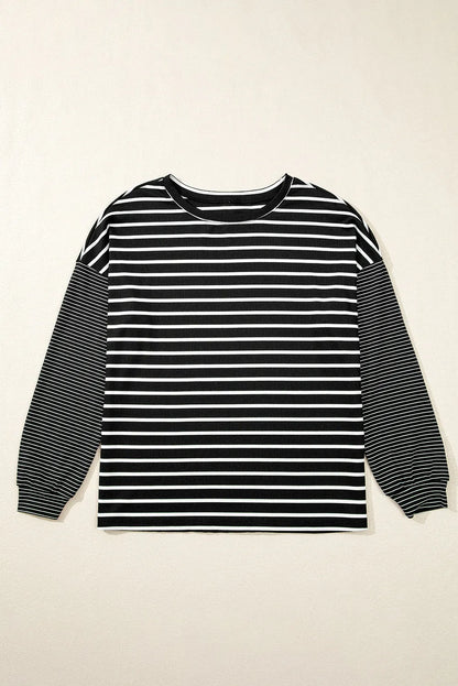 Black Stripe Patchwork Loose Long Sleeve Tee - Chic Meadow Boutique 