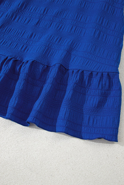 Dark Blue Textured Flutter Sleeve Ruffled Mini Dress