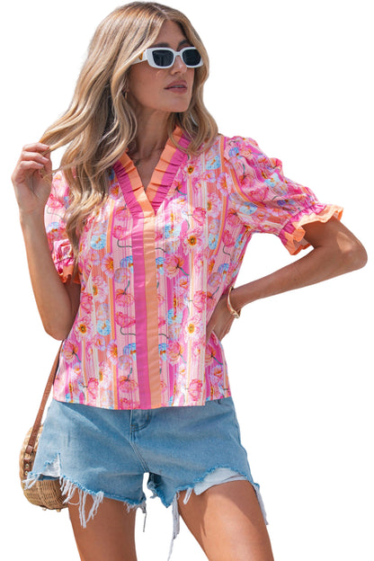 Pink Poppy Flower Striped Print Color Block Trim V Neck Short Sleeve Blouse