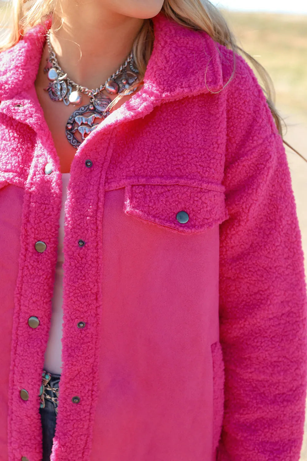 Bright Pink Faux Suede Sherpa Patchwork Button-up Shacket - Chic Meadow Boutique 