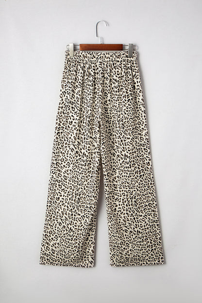 Brown Leopard Drawstring Elastic Waistband Loose Pants
