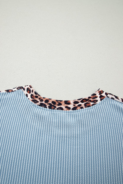 Sky Blue Leopard Trim Twist Ribbed Short Set