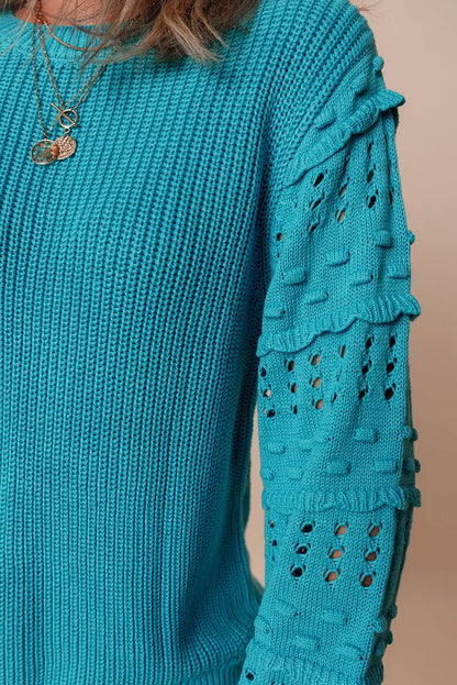 Turquoise Ruffled Eyelet Bubble Sleeve Sweater - Chic Meadow Boutique 