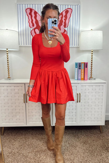 Fiery Red U Neck Long Sleeve Fit and Flare Short Dress
