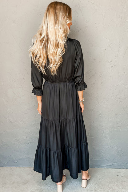 Black Flounced Bracelet Sleeve V Neck Tiered Maxi Dress