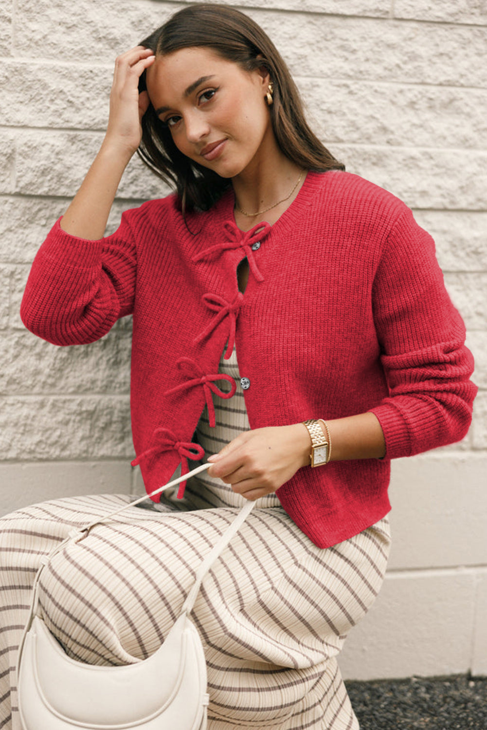 Fiery Red Ribbed Knit Bow Front Buttoned Cardigan