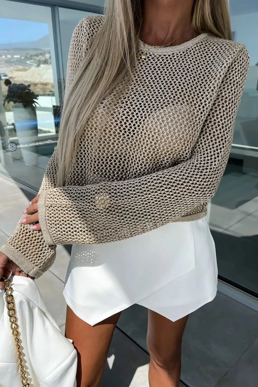 Khaki Hollow-out Knit Long Sleeve Top - Chic Meadow Boutique 