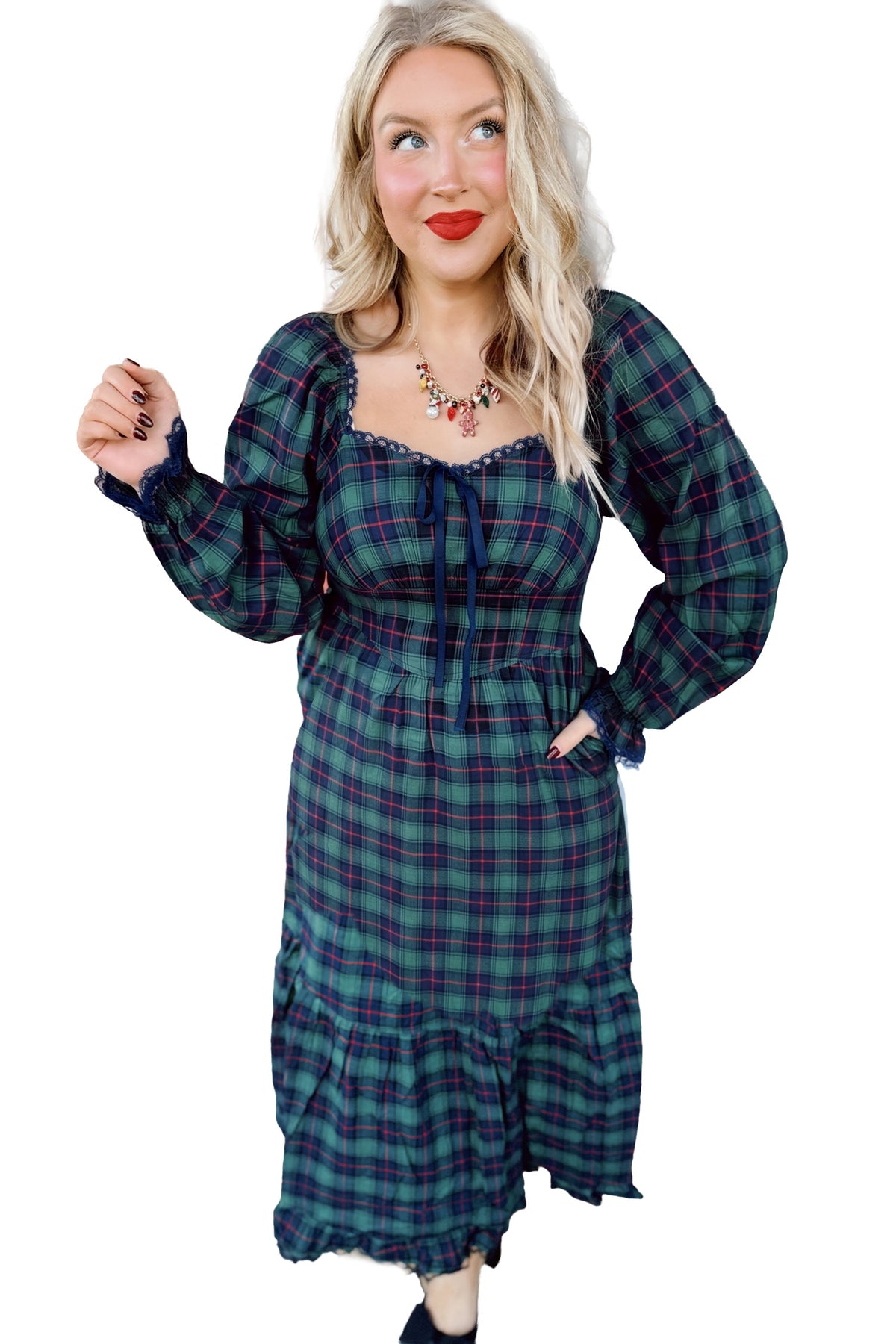Green Vintage Plaid Square Neck Lace Trim Long Sleeve Shift Dress