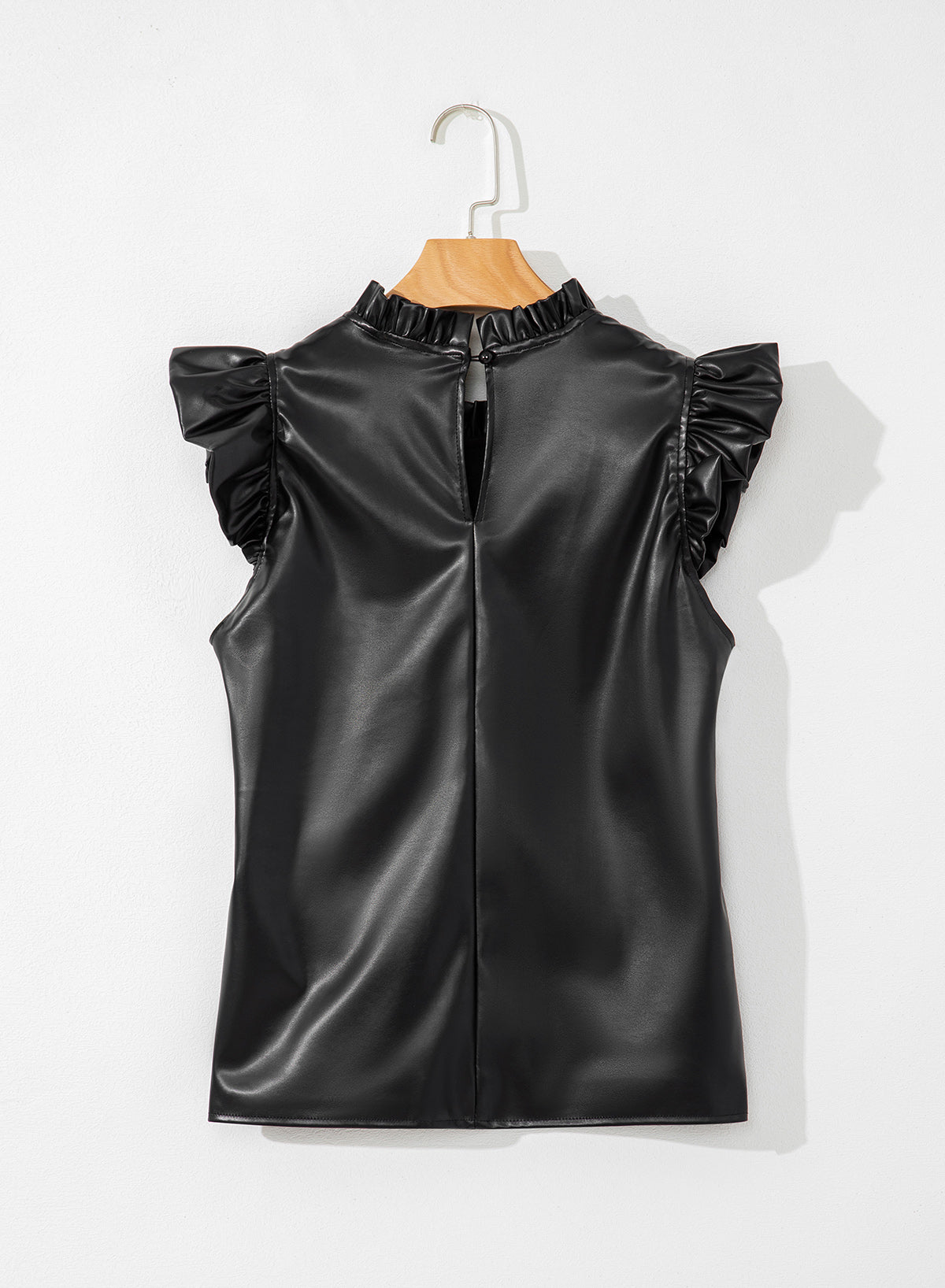 Black PU Leather Frilly Ruffle Trim Blouse