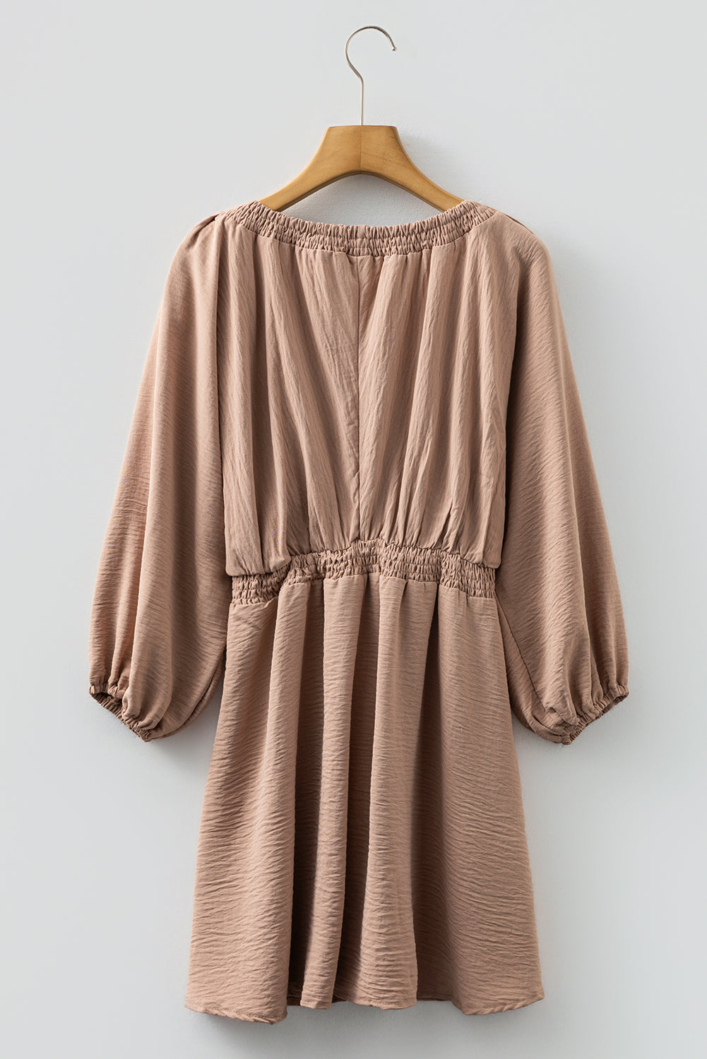 Smoke Gray Deep V Neck Bubble Sleeve Smocked Mini Dress