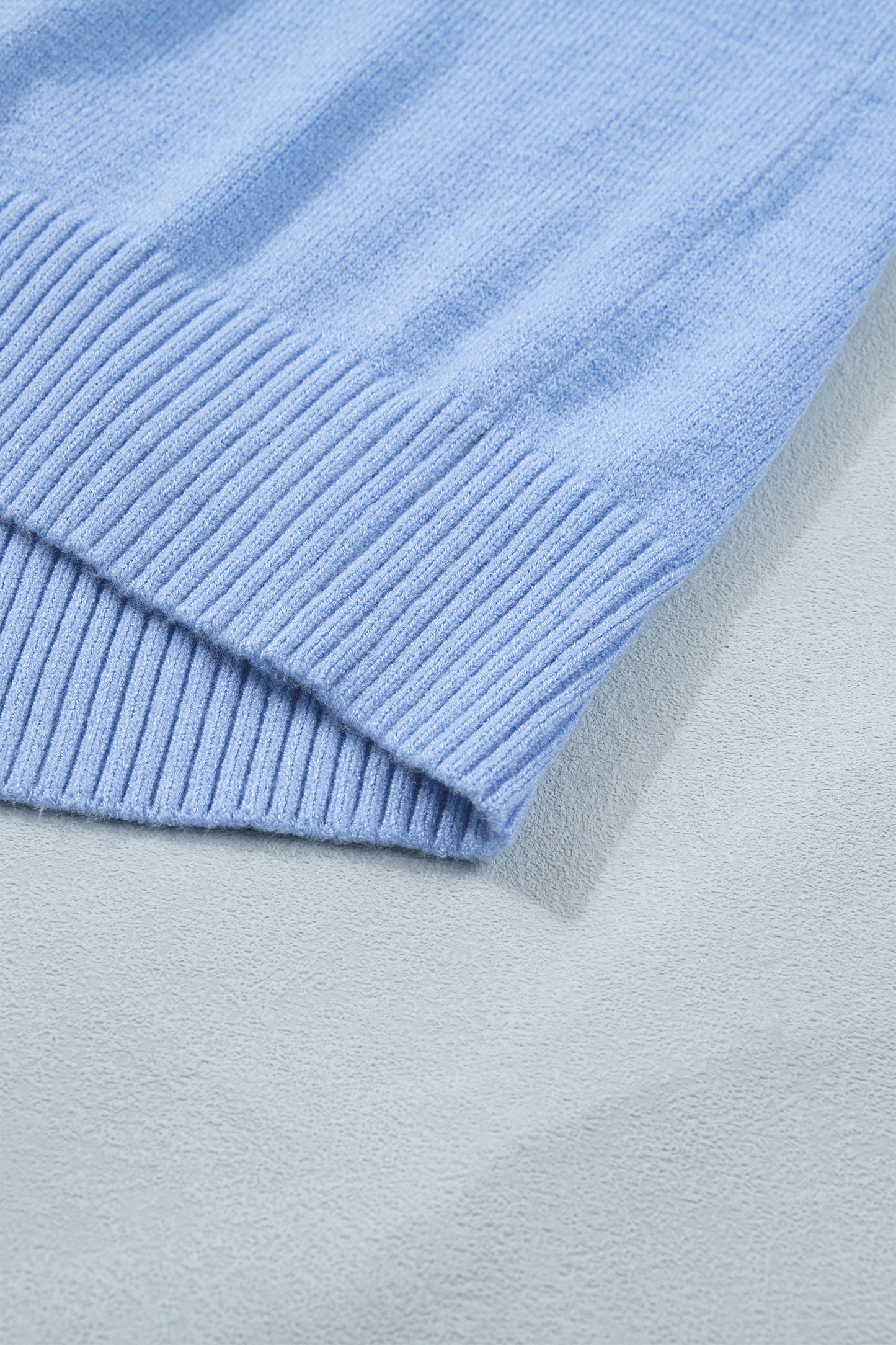 Beau Blue Solid Color Ribbed Trim Round Neck Ruffle Short Sleeve Sweater