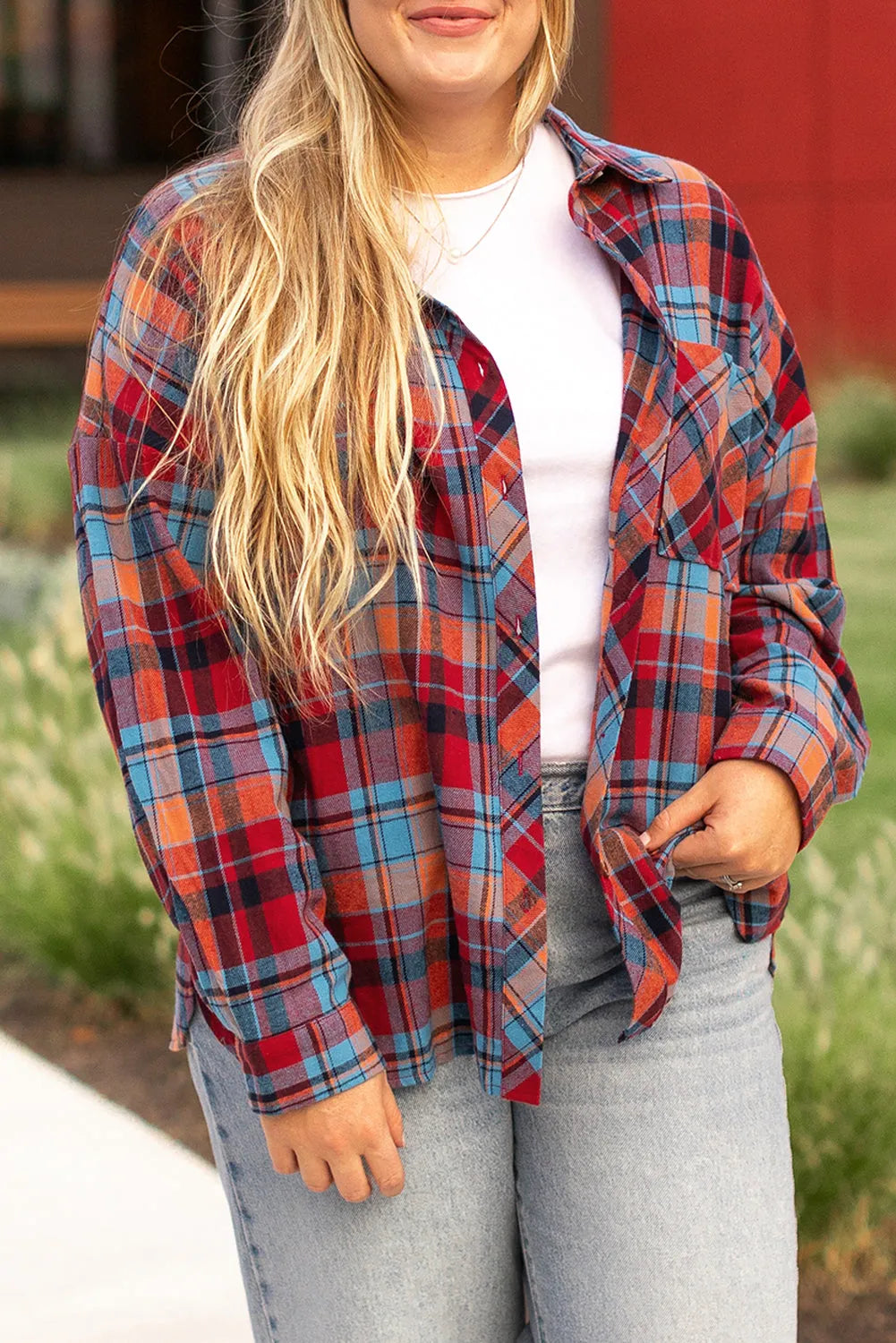 Red Plus Size Plaid Print Buttoned Shirt - Chic Meadow Boutique 