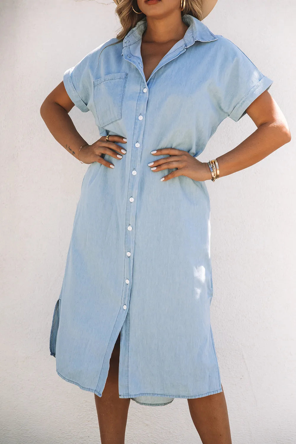 Sky Blue Chambray Shirt Short Sleeves Midi Dress - Chic Meadow Boutique 