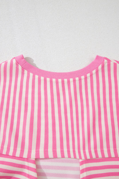 Pink Stripe Bowknot Cutout Back Drop Shoulder Wide Bracelet Sleeve Loose Tee