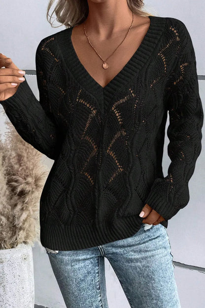 Black Hollow Out Knit V Neck Drop Shoulder Sweater - Chic Meadow Boutique 