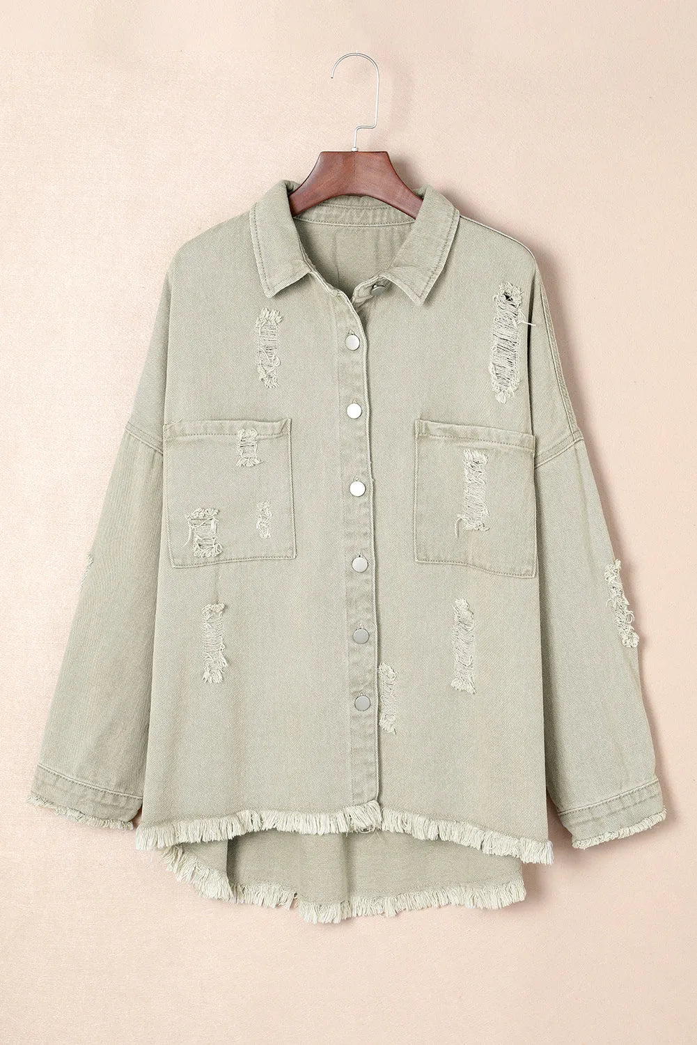 Green Distressed Fringe Trim Denim Jacket - Chic Meadow Boutique 