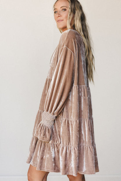 Smoke Gray Solid Color V Neck Velvet Tiered Long Sleeve Dress