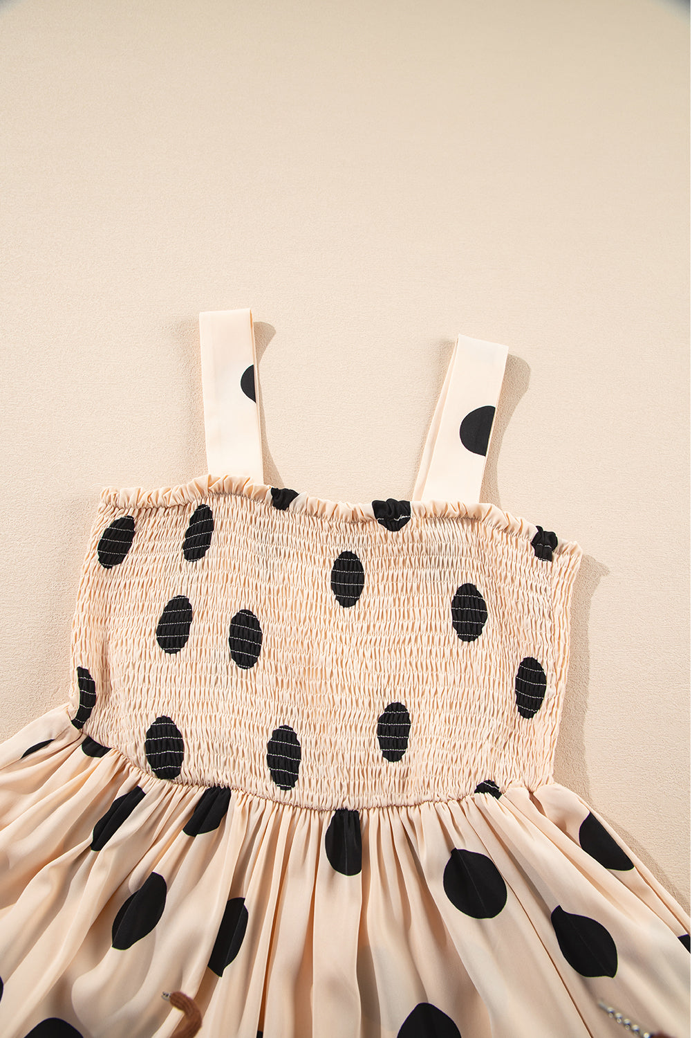 Oatmeal Polka Dot Smocked Fit Flared Sleeveless Long Dress