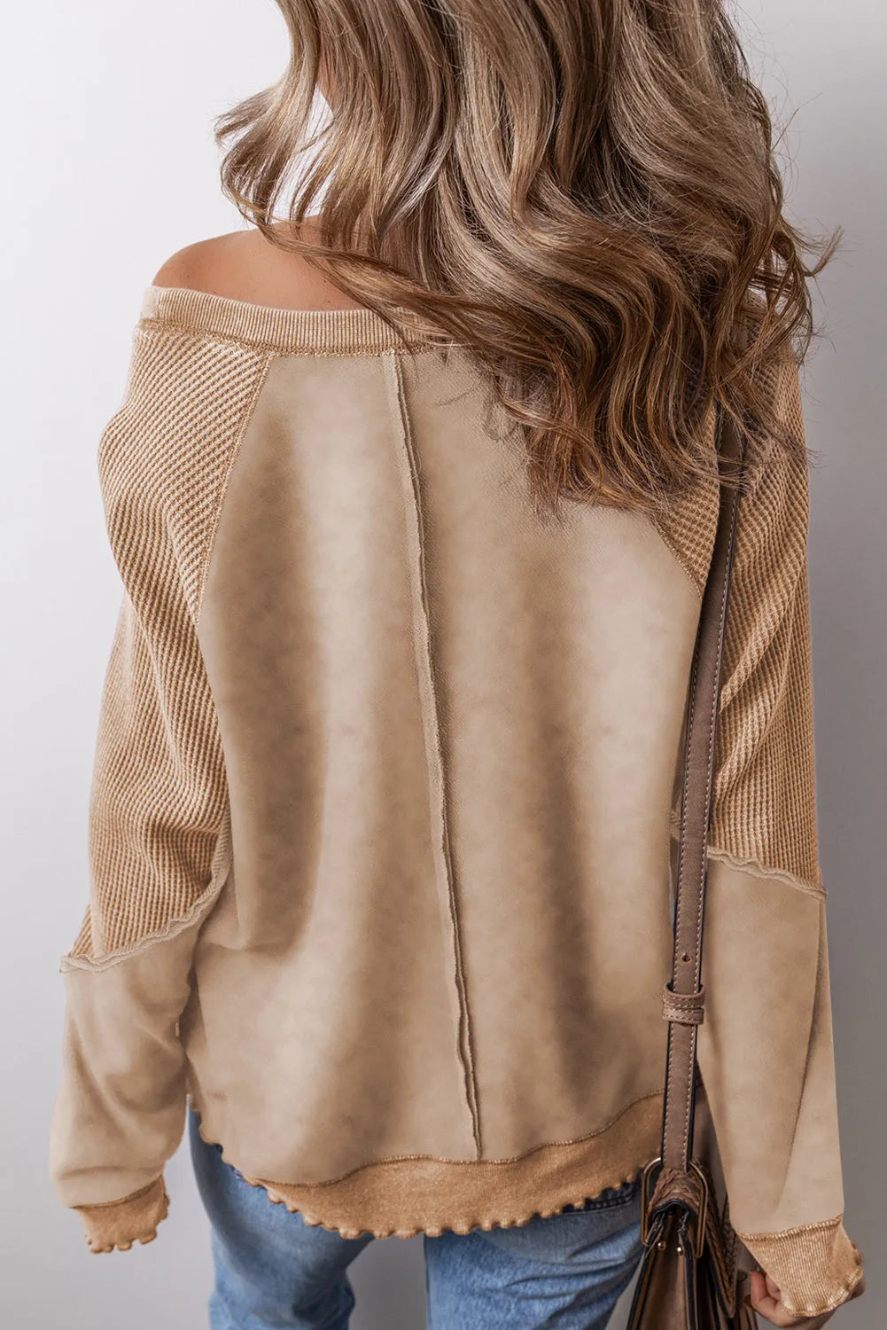 Light French Beige Solid Waffle Knit Patchwork Raglan Sleeve Sweatshirt - Chic Meadow Boutique 