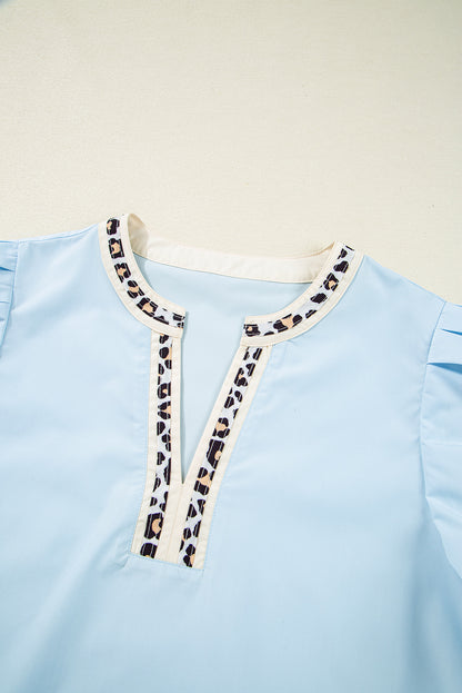 Beau Blue Contrast Leopard Trim Split Neck Puff Sleeve Blouse